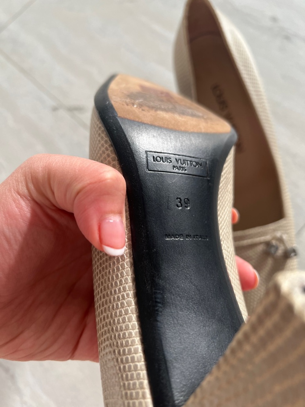 Louis Vuitton Beige Textured Square-Toe Flats with Metal Accents - Picture 4 of 5